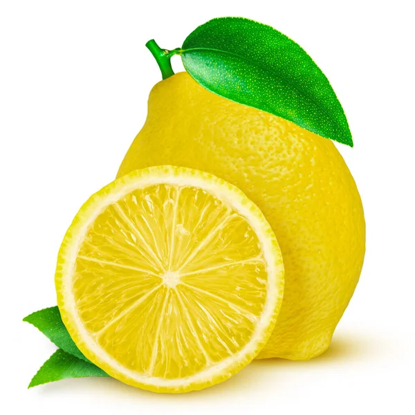 Lemon. Frutto a metà e foglie isolate su bianco Foto Stock
