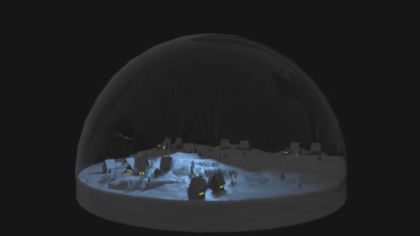 雪の世界。黒い背景の家の煙突から魔法の田舎の村の中、雪の結晶、雪や煙とガラスボール。3Dレンダリング。4kだ。シームレスループ. — ストック動画