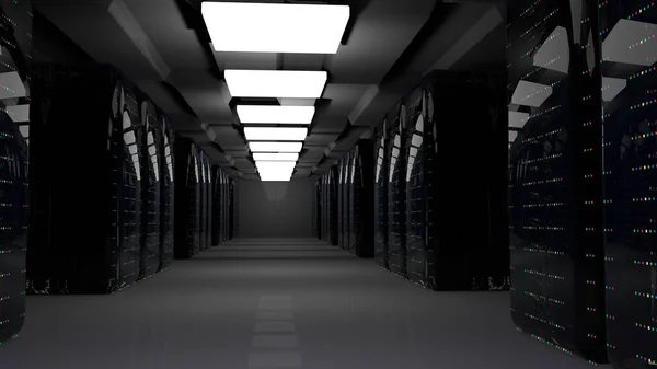 Servidores. Centro de datos de la sala de servidores. Copia de seguridad, alojamiento, mainframe, granja y estante de la computadora con información de almacenamiento. 3d renderizar — Foto de Stock