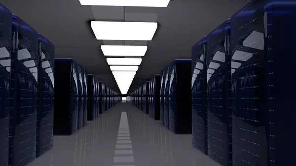 Servidores. Centro de datos de la sala de servidores. Copia de seguridad, alojamiento, mainframe, granja y estante de la computadora con información de almacenamiento. 3d renderizar — Foto de Stock