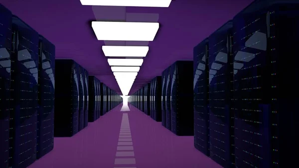 Servidores. Centro de datos de la sala de servidores. Copia de seguridad, alojamiento, mainframe, granja y estante de la computadora con información de almacenamiento. 3d renderizar — Foto de Stock