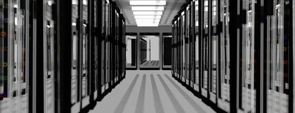 Servers. Datacenter serverruimte. Back-up, hosting, mainframe, boerderij en computer rek met opslaginformatie. 3d renderen — Stockfoto