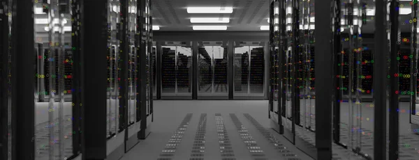 Servidores. Centro de datos de la sala de servidores. Copia de seguridad, alojamiento, mainframe, granja y estante de la computadora con información de almacenamiento. 3d renderizar — Foto de Stock