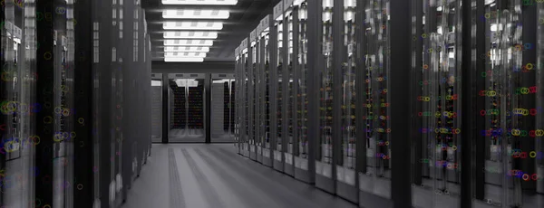 Servidores. Centro de datos de la sala de servidores. Copia de seguridad, alojamiento, mainframe, granja y estante de la computadora con información de almacenamiento. 3d renderizar — Foto de Stock