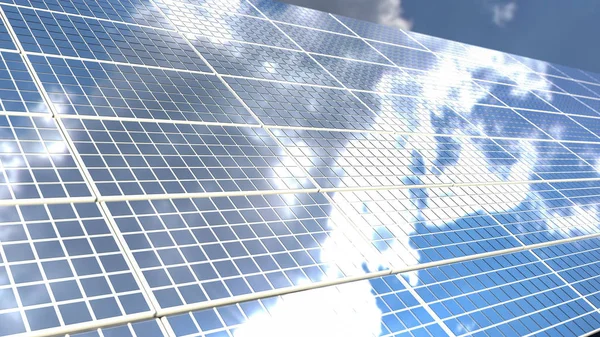 Fondo de paneles solares de módulos fotovoltaicos para energías renovables. Nubes y cielo azul en el espejo. Fuente de electricidad alternativa. renderizado 3d. ilustración 3d —  Fotos de Stock