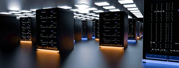 Datové centrum serverovny. Zálohování, těžba, hosting, mainframe, farma a počítačové regály s úložnými informacemi. 3D vykreslení — Stock fotografie