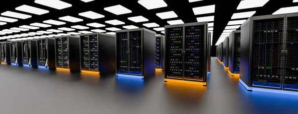Центр обработки данных серверной. Резервное копирование, майнинг, хостинг, мэйнфрейм, ферма и компьютерная стойка с информацией для хранения. 3D рендеринг — стоковое фото