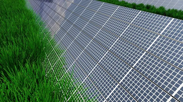 Solar panel background of photovoltaic modules for renewable energy. Clouds and blue sky in mirror. Alternative electricity source. 3d rendering. 3d illustration — Stockfoto