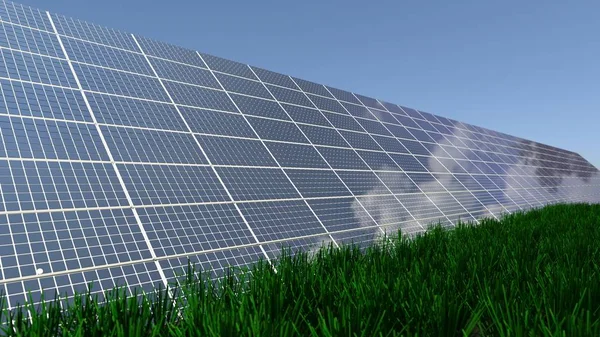 Ηλιακή πάνελ φόντο των φωτοβολταϊκών μονάδων για τις ανανεώσιμες πηγές ενέργειας. Σύννεφα και μπλε ουρανός στον καθρέφτη. Εναλλακτική πηγή ηλεκτρικής ενέργειας. 3d απόδοση. 3D εικονογράφηση — Φωτογραφία Αρχείου