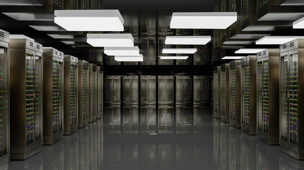 Servers. Server racks in server room cloud data center. Datacenter hardware cluster. Backup, hosting, mainframe, farm and computer rack with storage information. 3D rendering. 3D illustration