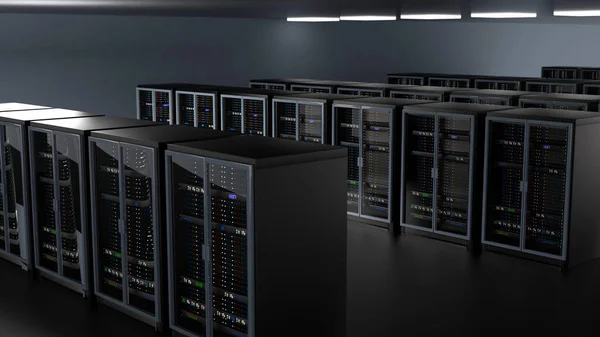 服务器架在服务器机房云端数据中心 Datacenter硬件集群 农场和计算机机架与存储信息 3D渲染 3D插图 — 图库照片