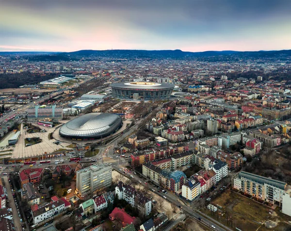 Europe Hungary Budapest sunset Aerial cityscape. Ferenc Puskas Arena. Laszlo Pap Sportarena