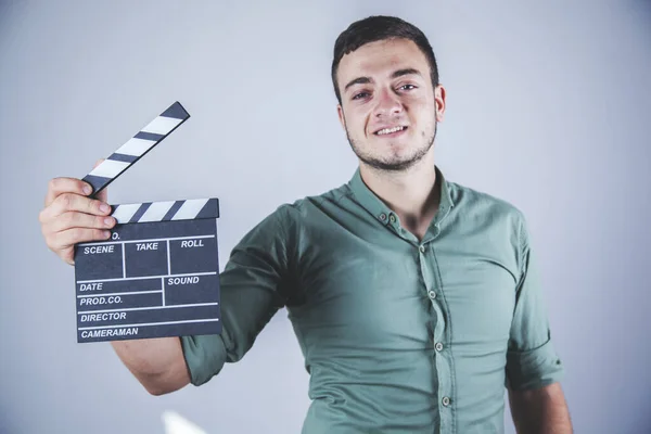 Jeune Homme Affaires Signe Film Main Studio — Photo