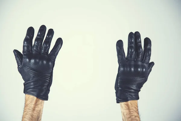 Man Hand Black Gloves Gray Background — Stock Photo, Image