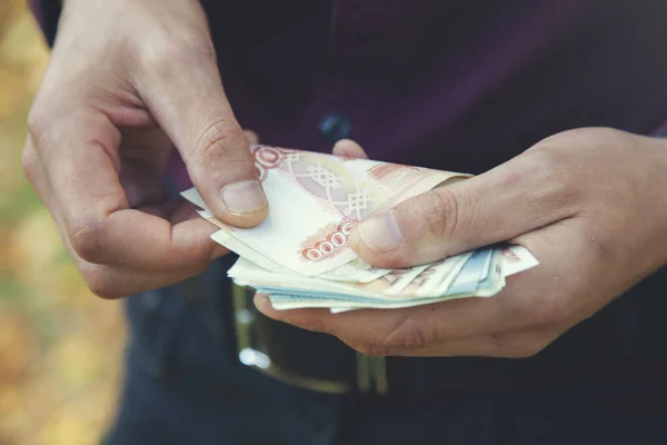 stock image man hand holding money in the nature