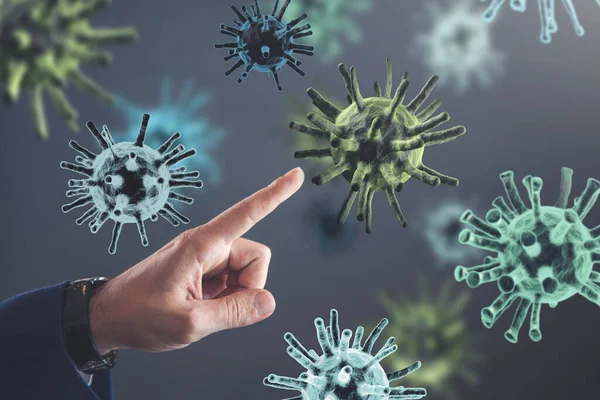 Joven Hombre Negocios Traje Corbata Acto Pantalla Táctil Con Coronavirus — Foto de Stock