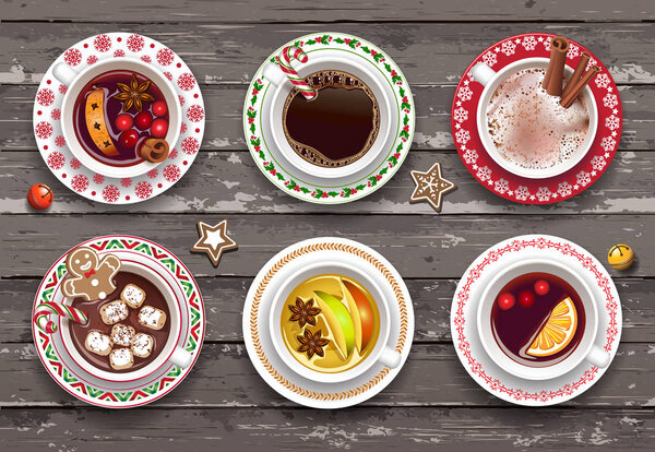 Set of different cups of warming autumn and Christmas drinks. Sketch on the chalkboard