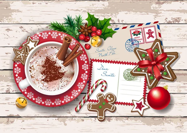 Biglietto natalizio con Lettera a Babbo Natale, luci e grande tazza di cioccolata calda. Sfondo in legno — Vettoriale Stock