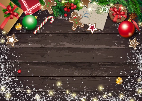 Boże Narodzenie z życzeniami z list do Santa i prezenty, ciasteczka, światła. Podłoże drewniane. Widok z góry — Wektor stockowy