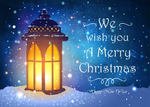 Tarjeta de felicitación navideña con linterna vintage en la nieve con luces mágicas en el fondo del cielo nocturno de nevadas. Ilustración vectorial inusual — Vector de stock