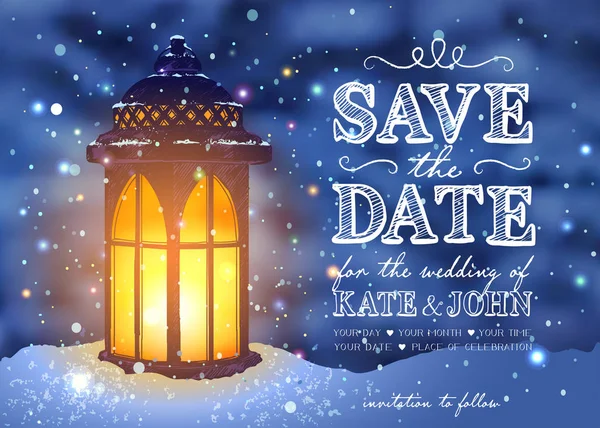 令人惊异的老式灯笼神奇，用灯夜背景的冬天云杉森林雪地上。圣诞贺卡、 婚礼、 日期、 生日或节日聚会的灵感 — 图库矢量图片