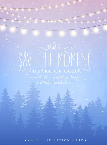 Inspiration card with magical snowfall at the winter spruce forest background. Hanging holiday lights for a Christmas party, wedding, festival — Stock Vector