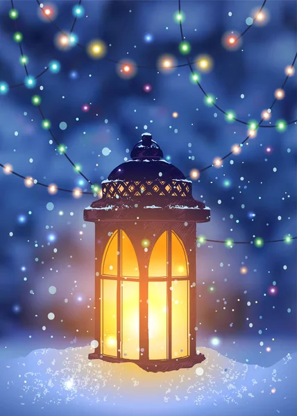 Amazing vintage lantern on snow with magical lights at the night background of a winter spruce forest. Inspiration for Christmas greeting card, wedding, date, birthday or holiday party — Stock Vector