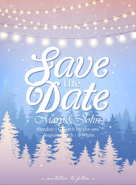 Dekoratif holiday lights parti, düğün, tarihi, doğum günü, Noel kartı için asılı. Orman ve kar yağışı — Stok Vektör