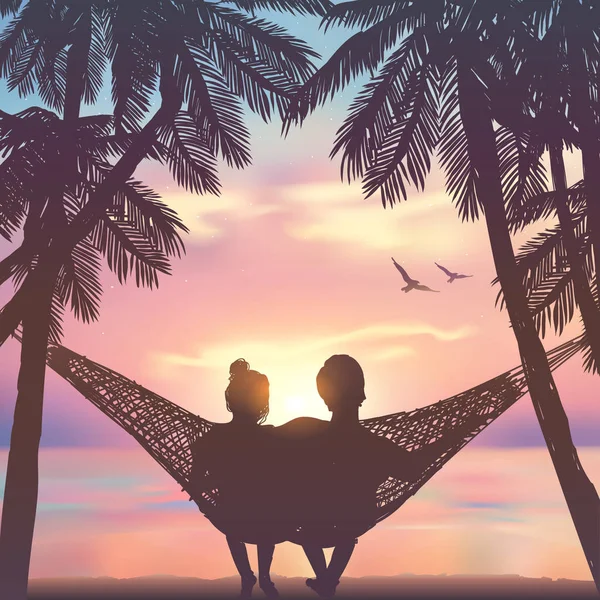 Verliebtes Paar am Strand in der Hängematte. Hintergrund im Strandstil — Stockvektor