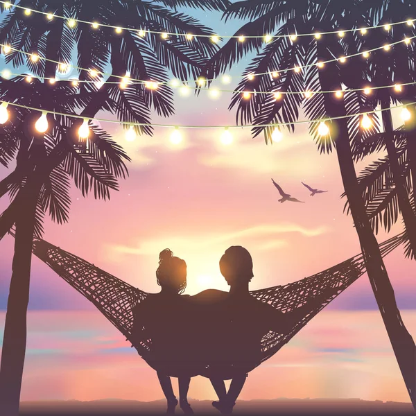 Pareja enamorada en la playa en hamaca. Fondo en estilo playa — Vector de stock