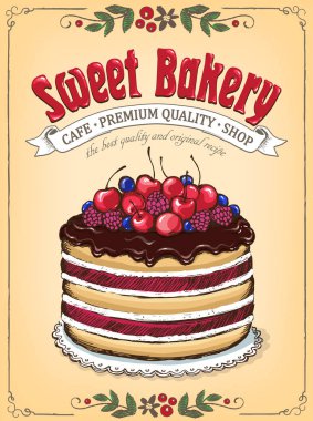 Berry kek çikolata ile. VINTAGE Poster tatlı ekmek. Serbest el çiziminin taklit kroki ile