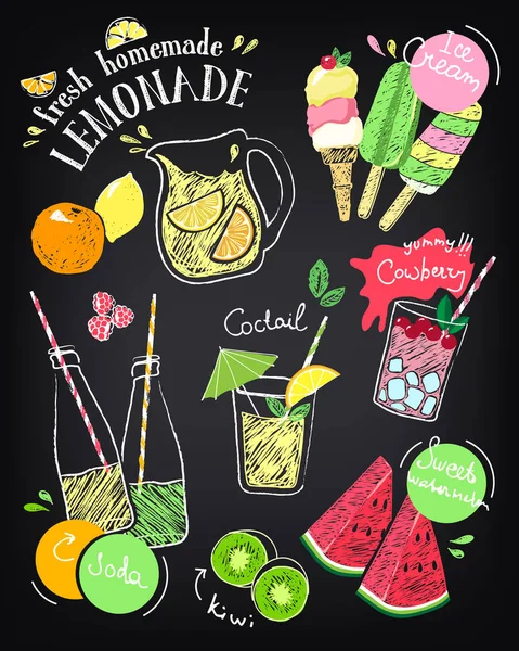 Set of hand drawn stickers and icons of summer food and drink. Vector illustrations for beach restaurant and bar menu, vacation and party. Ice cream. Sketch on chalkboard — Stock Vector