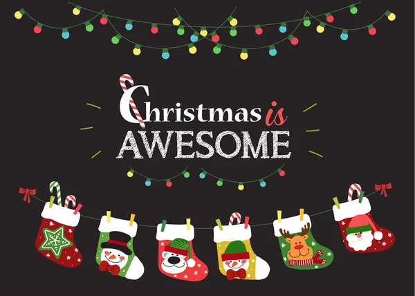 Christmas is awesome with stockings and holiday lights — Stock Vector