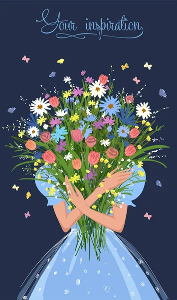 Fille Avec Bouquet Fleurs Dans Ses Mains Joyeux Printemps Illustration — Image vectorielle