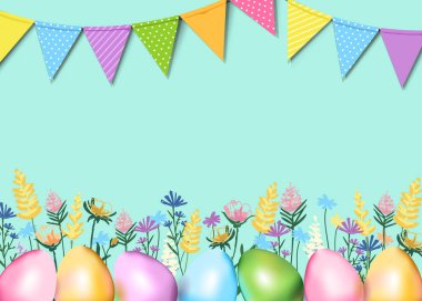 Ester tebrik kartı. Çiçek çizimi, bayram bayrakları, yumurta resimleri.