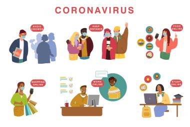 Roman Coronavirus (2019-ncov), beyaz tıbbi maskeli insanlar. Koronavirüs karantina vektör çizimi kavramı.