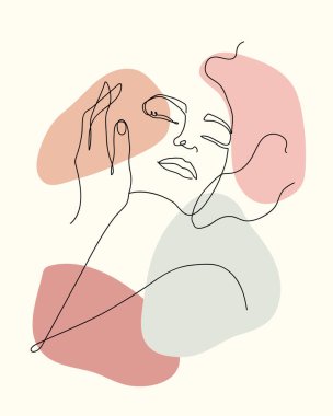 Şık bir kadın portresi. Taslak trend vektör çizimi. Sürekli çizgi çizmek, minimalist bir kavram. Pastel suluboya gölgelerde romantik bir görüntü