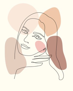 Şık bir kadın portresi. Taslak trend vektör çizimi. Sürekli çizgi çizmek, minimalist bir kavram. Pastel suluboya gölgelerde romantik bir görüntü