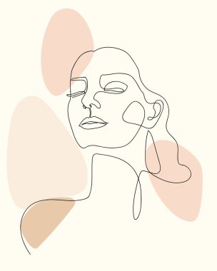 Şık bir kadın portresi. Taslak trend vektör çizimi. Sürekli çizgi çizmek, minimalist bir kavram. Pastel suluboya gölgelerde romantik bir görüntü