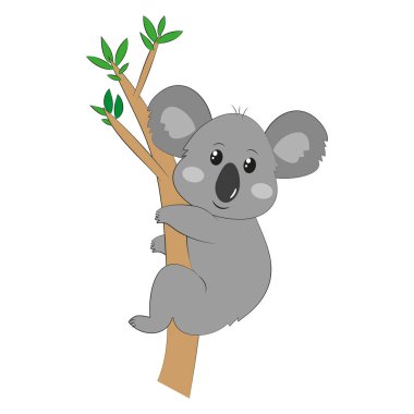 Şirin kolala okaliptüs ağacına tırmanıyor. Çocukluk, tişört baskısı ve afiş tebrik kartı için iyi..