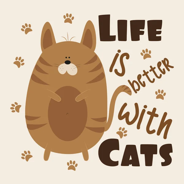 Het Leven Beter Met Katten Tekst Met Schattige Kat Pootafdrukken — Stockvector