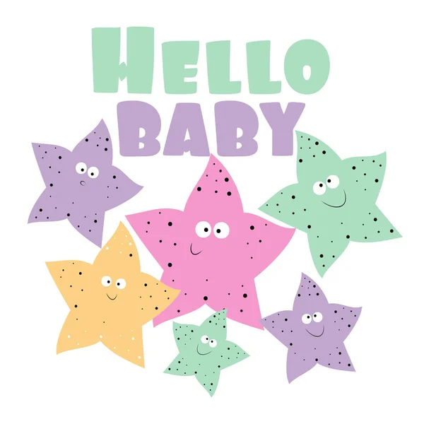 Hello Baby Text Cute Pastel Color Starfishes Подходит Открыток Плакатов — стоковый вектор