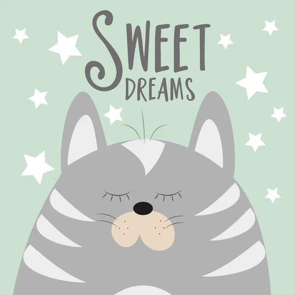 Dulces Sueños Caligrafía Con Gato Lindo Decoración Habitación Del Bebé — Vector de stock