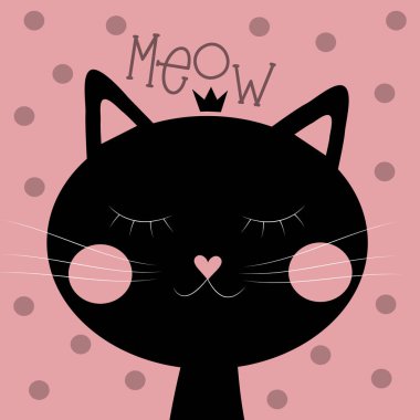 Meow text with cute black cat with crown. Good for Baby room decor, nursery prints, wall art, and poster, baby sower card. clipart