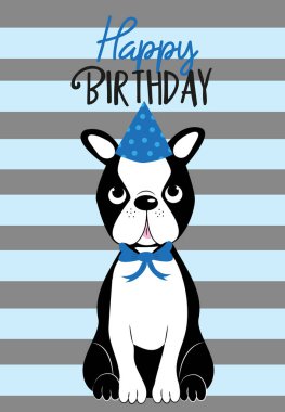 Çizgili çizgili şirin Boston Terrier 'li mutlu yıllar mesajı. Davetiye kartı, poster, afiş, kapak, tekstil baskısı ve hediye tasarımı için iyi.