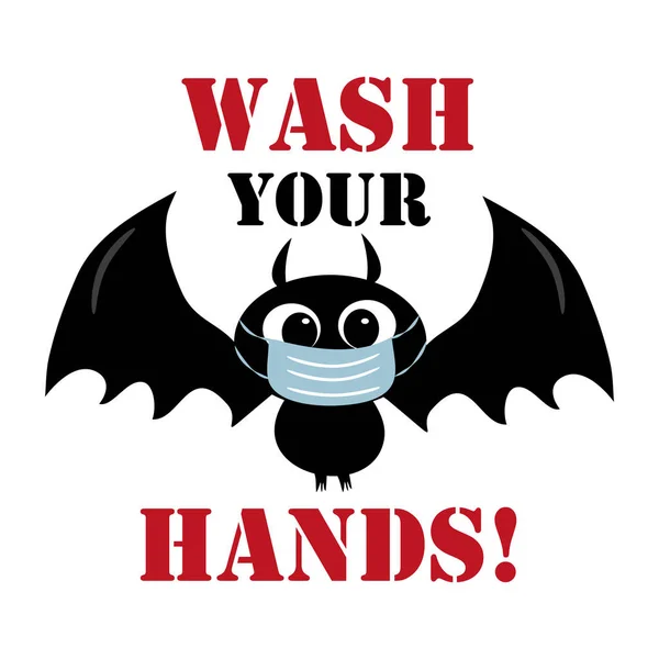 Wask Suas Mãos Texto Com Morcego Máscara Facial —  Vetores de Stock