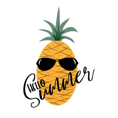 Merhaba el çizimi karpuz ve ananas ile yaz kaligarfisi. Tebrik kartı, poster, afiş, tekstil birası ve hediye tasarımı için iyidir..