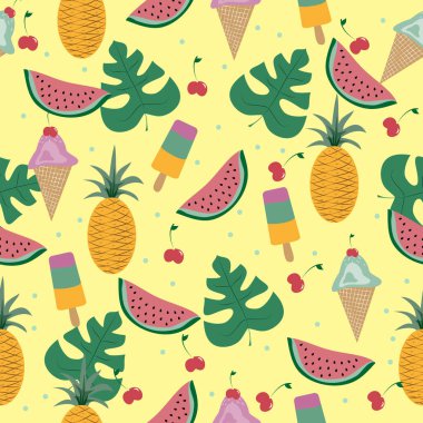 Yaz meyveleri pürüzsüz, sarı arka planda. Modaya uygun tekstil baskısı, duvar kağıdı, ambalaj kağıdı tasarımı..