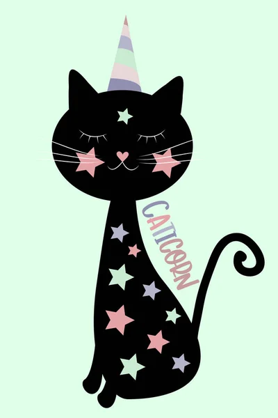 Caticorn Texto Divertido Con Cat Good Lindo Negro Para Cartel — Vector de stock