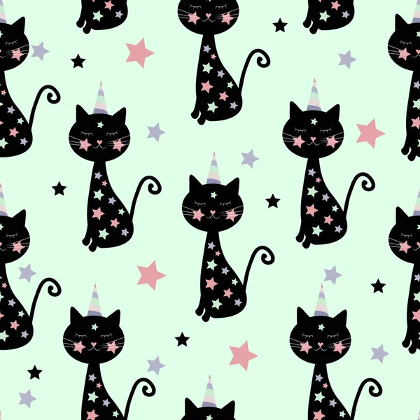 Cute Cat Unicorn Seamless Pattern Stars Good Wall Paper Wrapping — Stock Vector